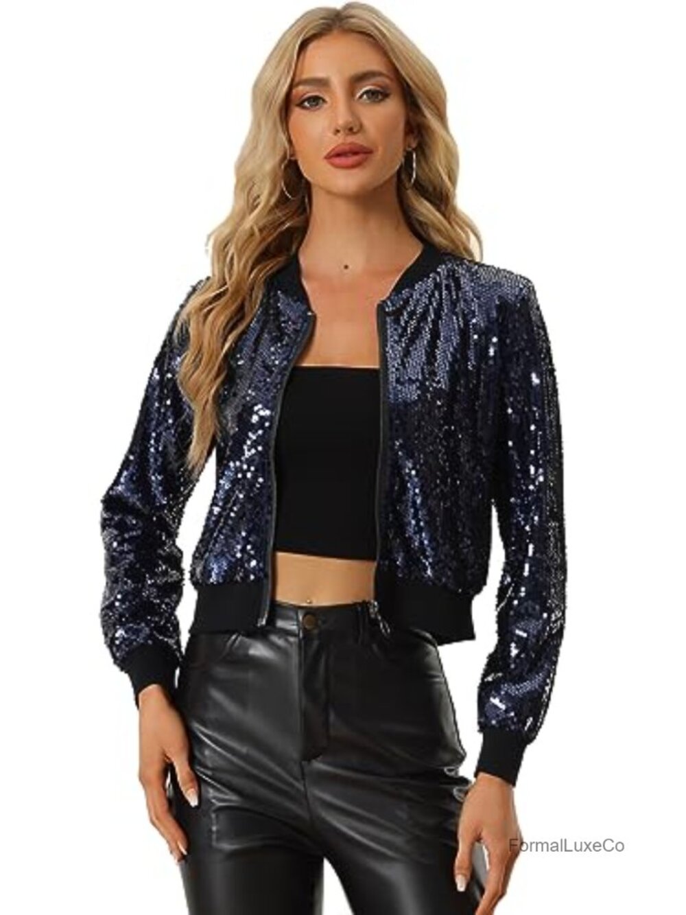 Sequin Bomber Jacket Sparkly Zip Front Cropped Glitter Party Disco Outfit